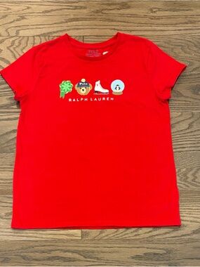 Polo Ralph Lauren Girls Holiday Polo Bear T-Shirt  XL 16 Red Cotton Graphic